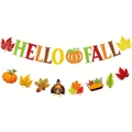 Hello Fall glitter banner set with autumn maple leaves and pumpkin decor for Thanksgiving - 2-Piece Set (Y-00147) / 2 Banners per Set