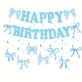 Set striscione Happy Birthday blu con decorazioni a spirale e fiocchi di raso - Banner + Decorazioni a Spirale