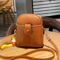 Brown orange leather mini crossbody phone bag with zipper and small tiger charm - Khaki/Earth Yellow