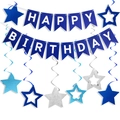 Kit striscione Happy Birthday blu con stelle appese e decorazioni a spirale - Striscione + 6 Riccioli