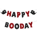 Pink and black glitter Happy Booday Halloween banner with ghost accents for party decor - Red And Black Glitter Ghost Style