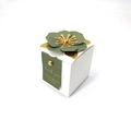 Detailed view of white gift box with dark green paper flower and golden metal leaf - White Style 2