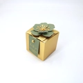 Detail of a luxury gold gift box with dark green paper flower and Thank You tag - Gold Style 4