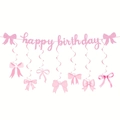 Striscione Happy Birthday rosa glitterato con fiocchi e decorazioni a spirale per feste - Striscione Con Fiocco Rosa + Pendente a Spirale