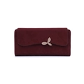 Detail of burgundy long wallet featuring leaf-shaped clasp and leaf vein stitching - Burgundy
