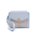 Detail of light blue lychee leather wallet featuring heart pattern and golden cloud clasp - Blue