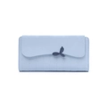Detail of light blue long wallet with leaf charm and elegant vertical stitching texture - Sky Blue