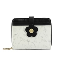 Detail of floral PU leather short wallet featuring contrast stitching and flower buckle - Black
