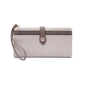 Detail of the dual-tone beige and taupe long wallet with gold buckle and wrist strap - Ivory