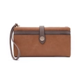 Retro long PU leather foldable wallet for women in brown and gray with wrist strap - Orange Brown