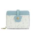 Women's blue floral PU leather short wallet with flower clasp and gold zipper - Blue