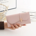 Detail of soft pink PU leather wallet with litchi texture and elegant wavy edge design - Lotus root pink