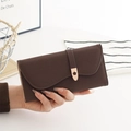 Deep brown long tri-fold wallet for women with flower buckle and cross-grain texture - Coffee
