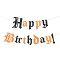 Glittery Happy Birthday banner with black and orange gothic letters for party decor - Black and Orange Glitter Style
