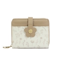 Close-up of a two-tone women's short wallet with floral print and heart-shaped zipper - Apricot