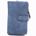 Blue matte suede wallet detail showing metal zipper and button closure with leather pull - Ink Blue