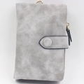 Close-up of gray frosted trifold wallet showing snap closure and gold side zipper detail - Gray
