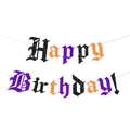 Glitter Happy Birthday banner with Gothic letters in black, purple, and orange colors - Black Purple and Orange Glitter Style