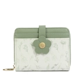 Detail of floral PU leather wallet with green buckle and golden leaf embossed button - Green