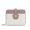 Close-up of pink PU leather wallet featuring floral print and 3D petal button decoration - Purple