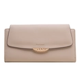 Close-up of beige PU leather long wallet featuring a gold feather buckle and fine stitching - Apricot