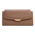 Detail of a brown PU leather long wallet with golden feather accent and brand logo - Brown