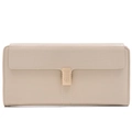 Close-up of beige long wallet featuring heart buckle detail and premium textured leather - Apricot