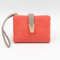 Detail of orange matte clutch wallet with gray strap and golden V-shaped metal clasp - Orange Red
