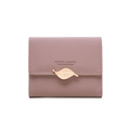 Detail of dusty pink tri-fold wallet featuring a golden leaf buckle and logo print - Dust Rose