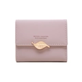 Close-up of pink faux leather trifold wallet with gold leaf buckle and neat stitching - Pink
