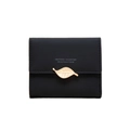 Close-up of black matte PU leather wallet featuring a golden leaf buckle and fine stitching - Black