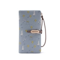 Close-up of long PU leather wallet with mushroom prints and a gold PRETTYZYS buckle - Blue