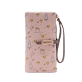 Detail view of pink PU leather wallet featuring forest mushroom patterns and wrist strap - Pink
