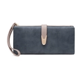 Long matte PU leather wallet for women in dark blue with pink buckle strap and wristlet - Sapphire Blue