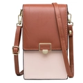 Vertical two-tone PU leather crossbody phone bag in brown and pink with gold buckle - Caramel