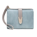 Short faux leather bifold wallet for women in light blue with buckle and wrist strap - Blue