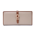 Close-up of long bifold wallet featuring pebble leather texture and gold metal buckle - Apricot