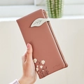 Dusty pink long PU leather wallet featuring white daisy print and leaf clasp detail - Dust Rose