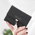 Compact black tri-fold PU card wallet for women with pink leaf charm pendant - Black