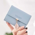 Light blue tri-fold PU leather card wallet with elegant pink leaf pendant - Light Blue