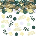 Golden 16th birthday confetti set with Happy Birthday text and green leaf shapes - 16th Birthday Style