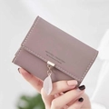 Morandi pink PU leather fold wallet with leaf pendant and white stitching details - Dusty Pink