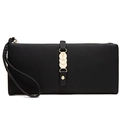 Classic black faux leather long wallet for women with golden buckle and wrist strap - Black
