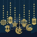 Golden Eid Mubarak star and moon hanging ornaments with glitter finish for party decor - Coarse Gold Glitter Hanging Decor