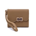 Detailed front view of brown PU leather wallet with golden bow clasp and wrist strap - Brown