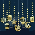 Golden Ramadan hanging ornaments with stars lanterns and moons on blue background - Glossy Gold Card Hanging Decor