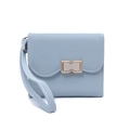 Detail of light blue short wallet with gold bow clasp and matching wrist strap - Sky Blue