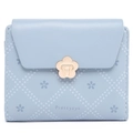 Close-up of light blue wallet with cherry blossom print and gold flower clasp - Sky Blue