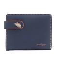 Detail of short navy wallet with orange strap and golden leaf charm pendant - Sapphire Blue