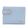 Detail of light blue short wallet featuring a golden leaf clasp and snap closure - Sky Blue